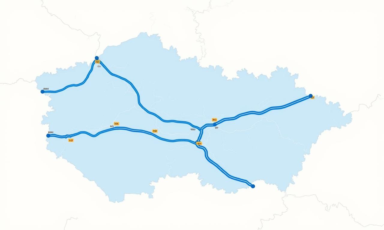 Mapa České republiky s vyznačenou sítí zpoplatněných dálnic.